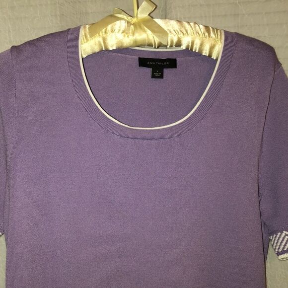 Ann Taylor L Lavender White Knit Short Sleeve Pullover Top Embroidered Sleeves - Picture 7 of 13